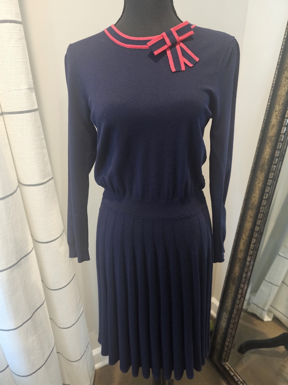 Draper James Navy Knit Long-Sleeve Pleated Dress with Pink Bow Trim